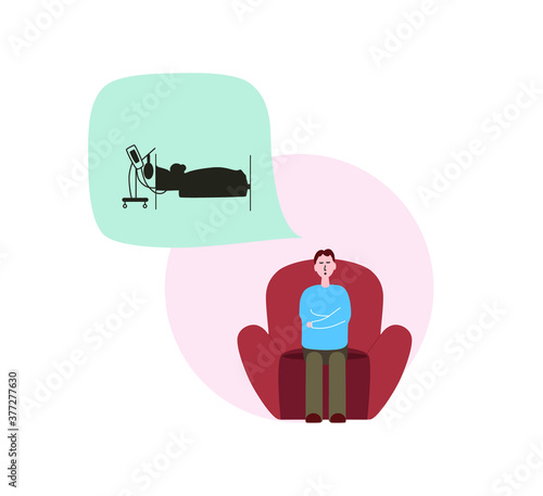 A man is sitting on a chair in the hospital. He is waiting for his loved one to regain consciousness in the intensive care unit.  The patient is connected to an artificial lung ventilation device.