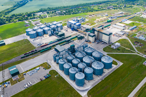 Station of bio gas production. Modern factory. Ecological production. View from above. Plant in field.