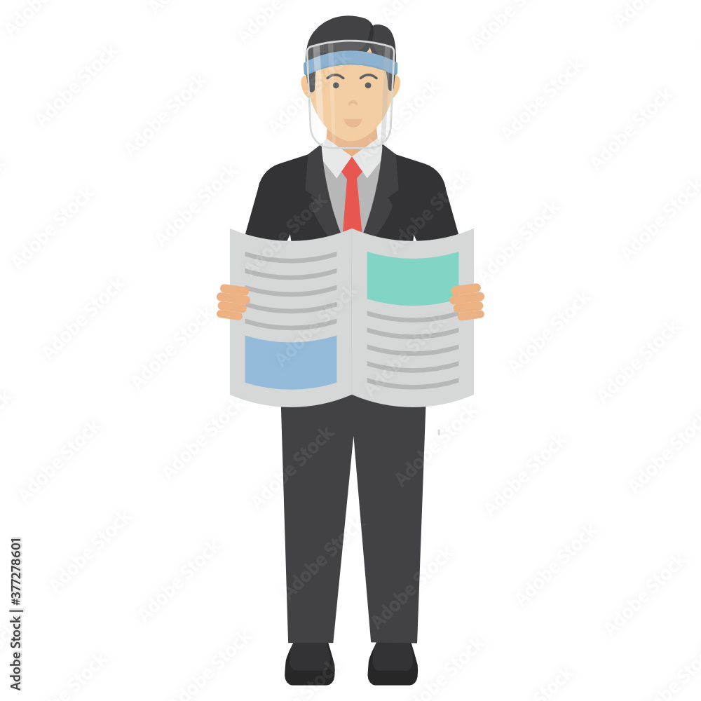 Manager reading newspaper Concept Vector Icon illustration, New normal Business character on white background, Executive wearing coronavirus medical face visor Design Manager reading newspaper Concept Vector Icon illustration, New normal Business character on white background, Executive wearing coronavirus medical face visor Design