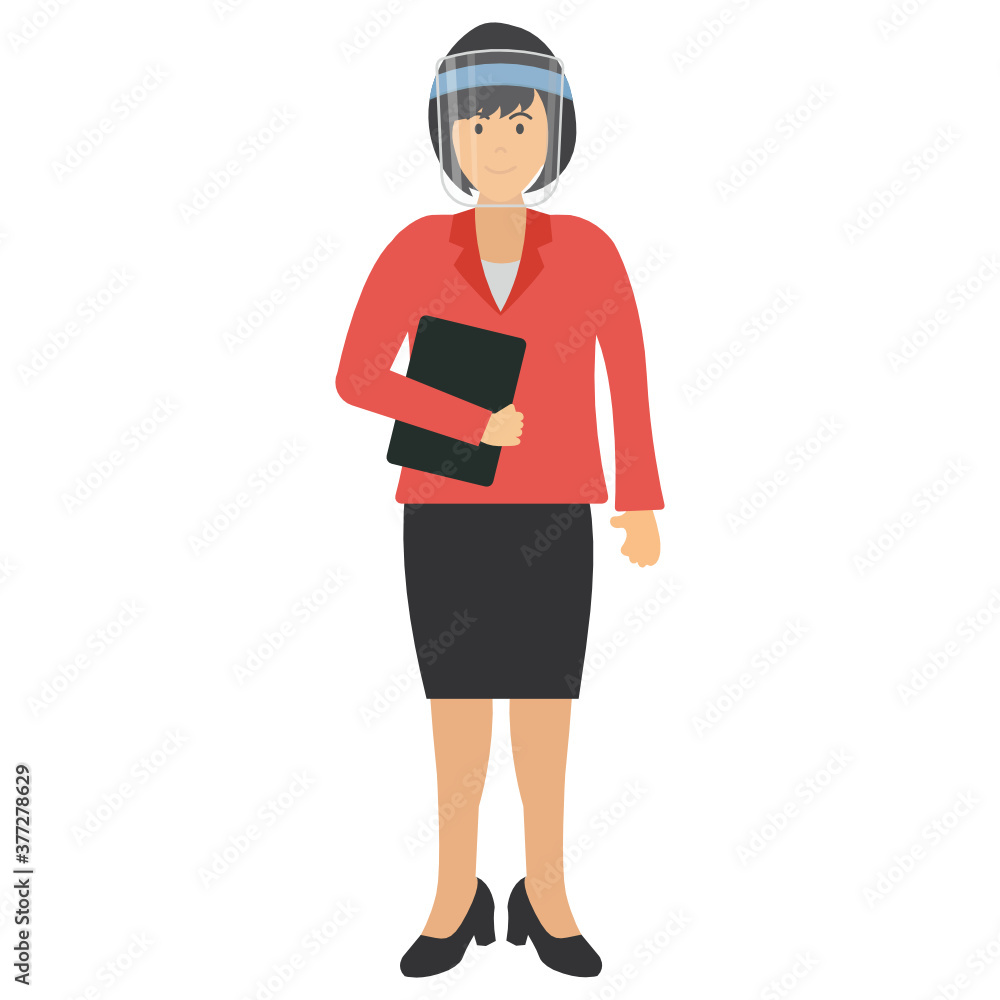 Bussiness women holding the File Folder and Gesturing vector icon design illustration, New normal Business people on white background, Cute Lady wearing coronavirus prevention face visor Sign, Bussiness women holding the File Folder and Gesturing vector icon design illustration, New normal Business people on white background, Cute Lady wearing coronavirus prevention face visor Sign,