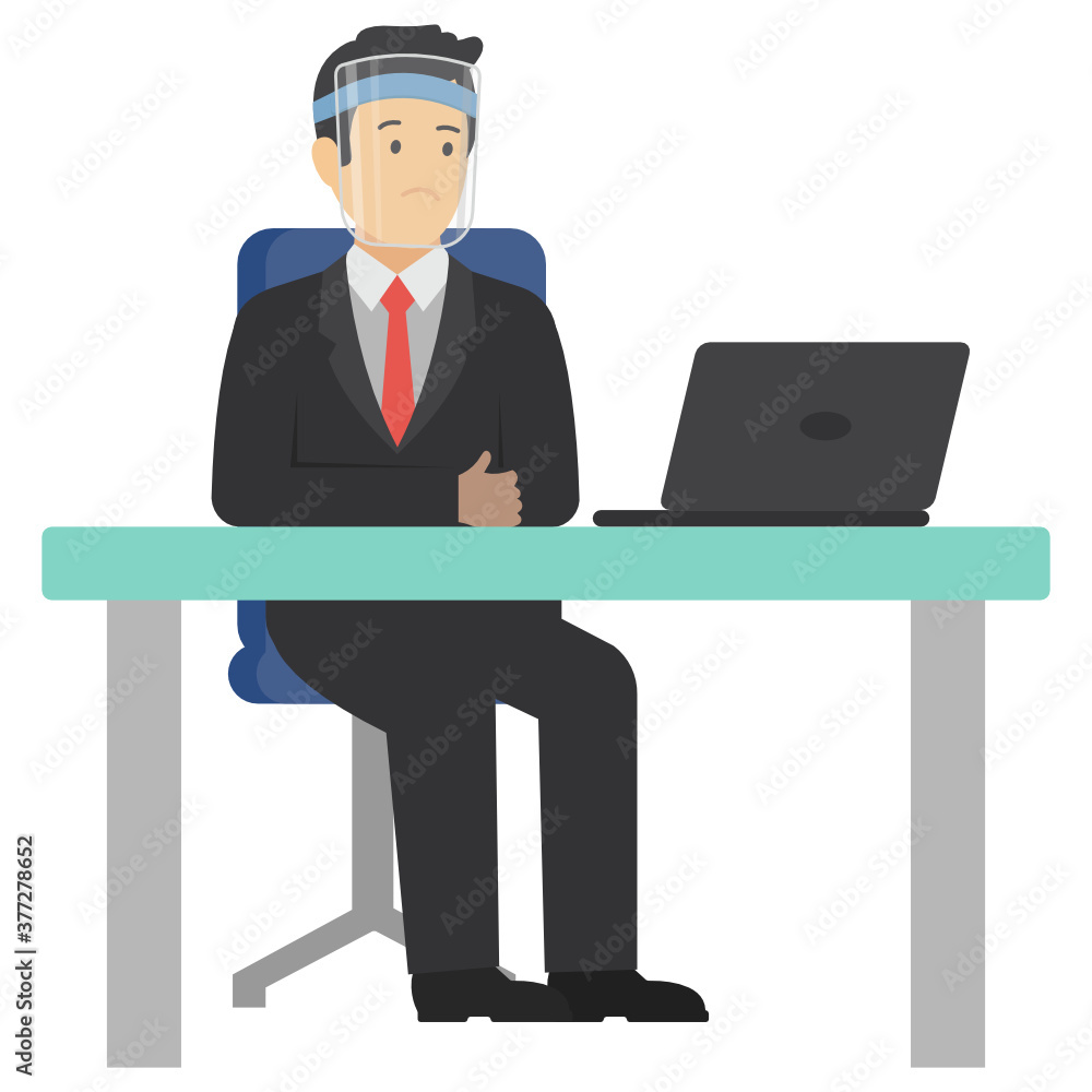 Businessman sitting at the desk and working on laptop stock illustration Businessman sitting at the desk and working on laptop stock illustration