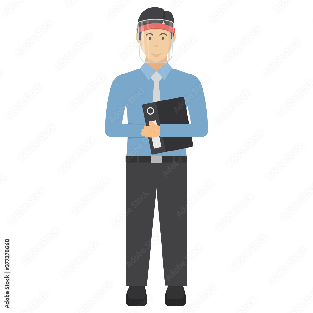 handsome boy is holding his Resume and Wearing medical face shield concept vector icon design, New Normal Business People symbol on White background handsome boy is holding his Resume and Wearing medical face shield concept vector icon design, New Normal Business People symbol on White background