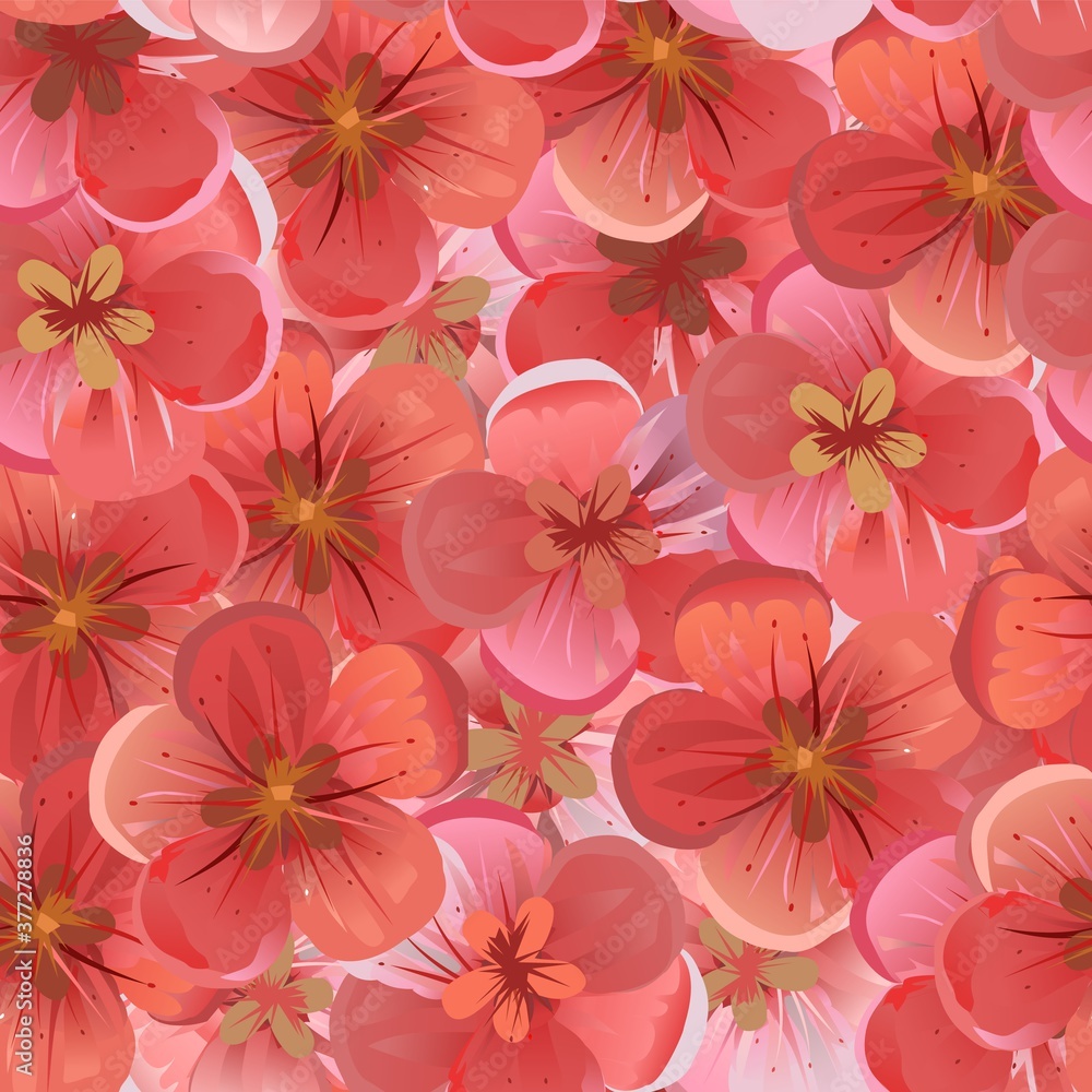 Fruity pink and red flowers. Vector. Geometric seamless background texture. Blooming cherry, apple, apricot, peach. Sakura.