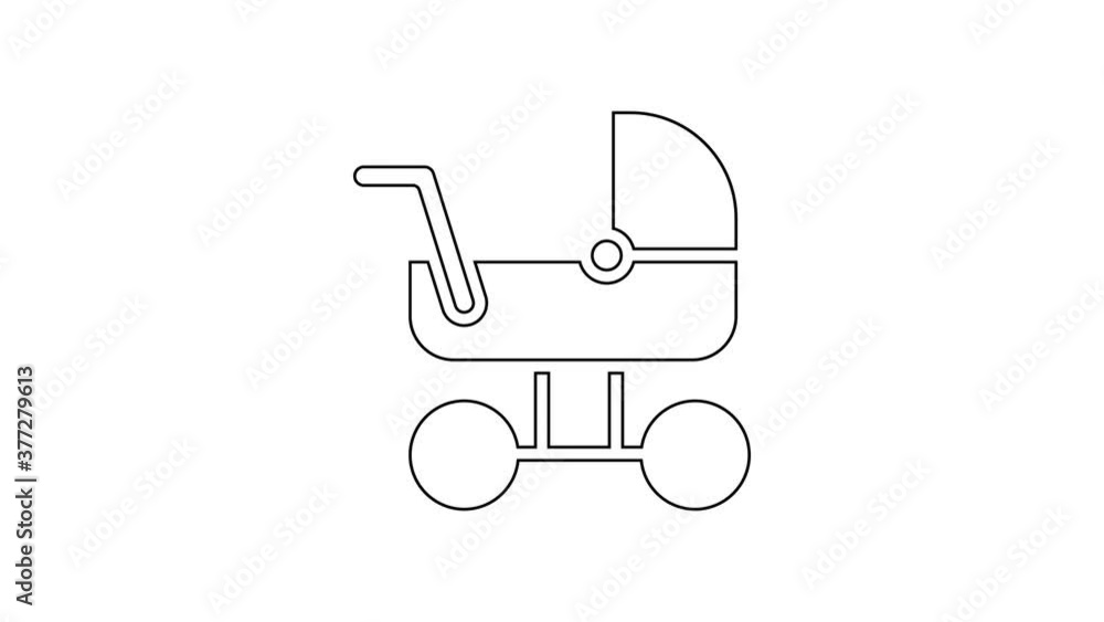 Black line Baby stroller icon isolated on white background. Baby carriage, buggy, pram, stroller, wheel. 4K Video motion graphic animation. Black line Baby stroller icon isolated on white background. Baby carriage, buggy, pram, stroller, wheel. 4K Video motion graphic animation.