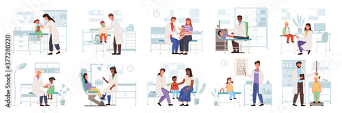 Family healthcare medical care icon with pediatric doctor vector. Parents with kid scenes set of child pediatric medical examination and treatment, doctor with patient, health check exam