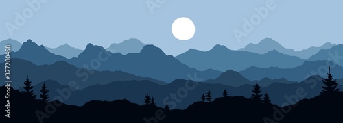 Abstract landscape with mountains and firs. Vector illustrations. Twilight, sunset.	