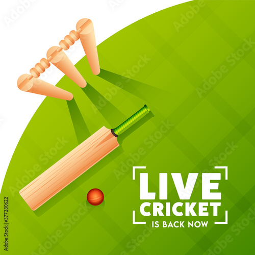 Top View of Realistic Bat with Red Ball and Wicket Stumps on Green Checkered Pattern Background for Live Cricket Is Back Now.
