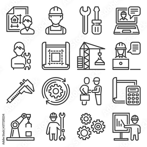 Engineering and Manufacturing Icons Set on White Background. Vector
