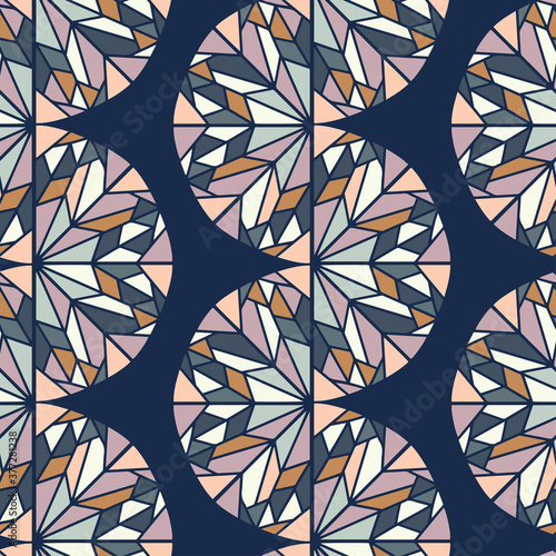 Seamless vector pattern of lined abstract geometric circled ornament on blue background. The design is perfectly suitable for clothes design, decoration, stationary, sheets, wallpaper, backgrounds.