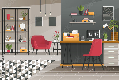 Vector workplace modern design. Office, studio, cabinet or home workspace interior with desktop, PC computer, bookshelves, plants, furnitures. Contemporary living room flat style illustration