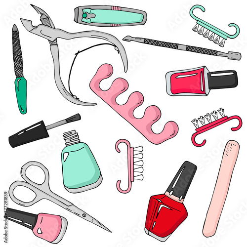 Manicure set. outline drawing. forceps, scissors, nail file, varnish, paintbrush,
nail file, nail brush, pusher, nippers