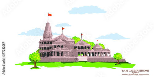 Ram Mandir, Jai Shri Ram religious of Indian Temple with Tree Background