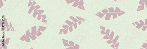 Mono print style scattered leaves seamless vector border background. Pastel banner of textured cut out lilac foliage on mint green backdrop. Hand crafted painterly stamp design for ribbon, edging