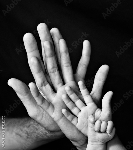 Obraz na płótnie manos de una familia descansando unas sobre otras en blanco y negro
w salonie