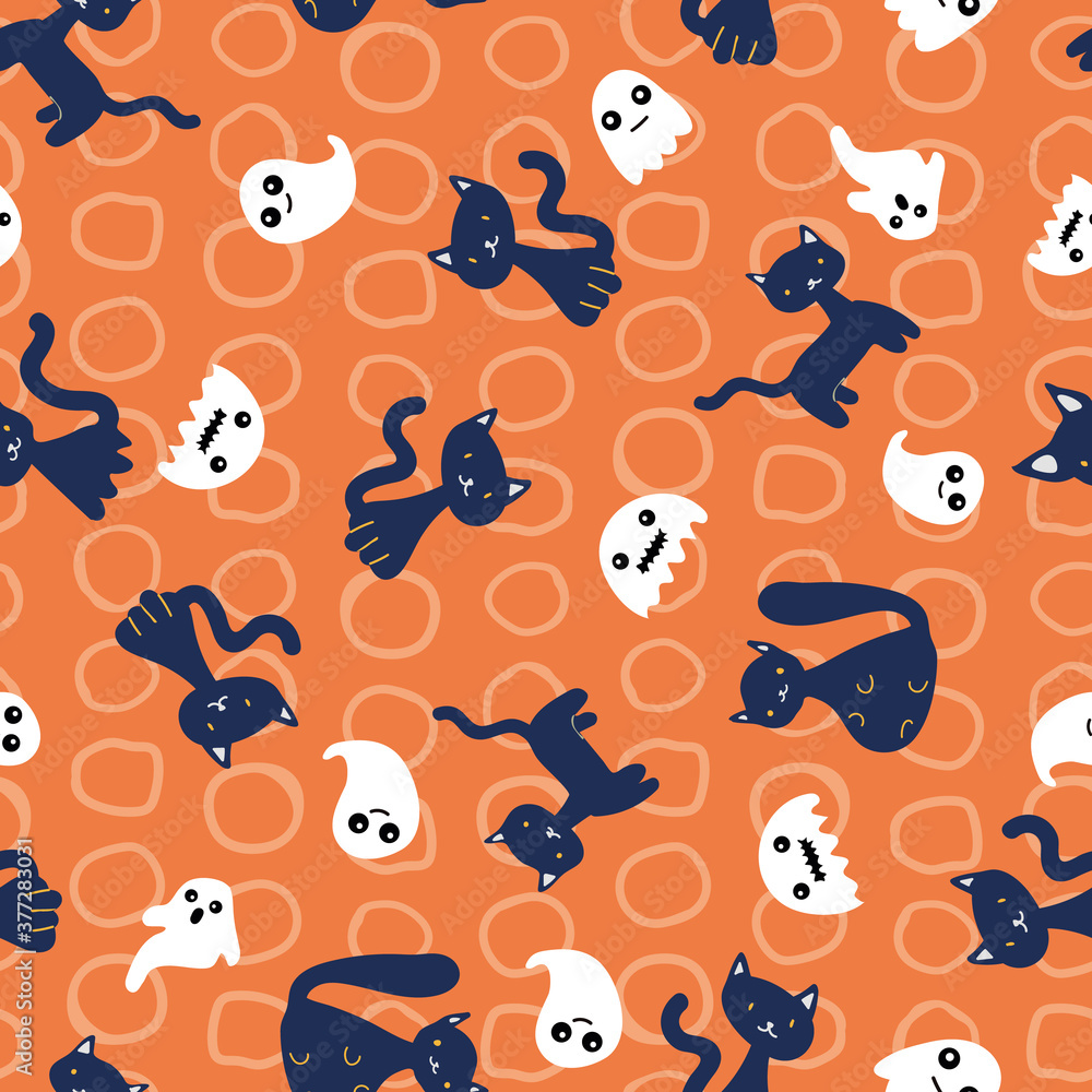 Fototapeta premium Halloween Ghost Cat Circle Autumn Spooky Seamless Pattern