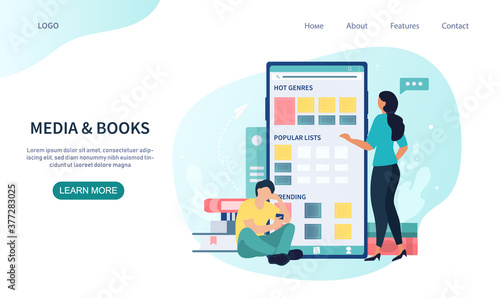 Media and Books web page template showing a library of e-books on a digital app on a mobile phone or tablet with two young people, colored vector illustration