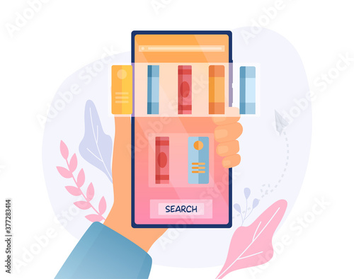 Ebook app showing a library search function of assorted titles on a handheld mobile device, colored vector illustration
