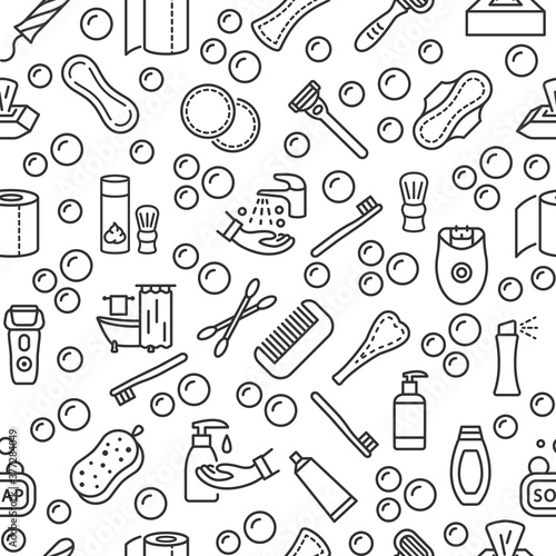 Personal hygiene products seamless pattern with vector line flat icon. Care of yourself. Womens and mens individual hygiene items.