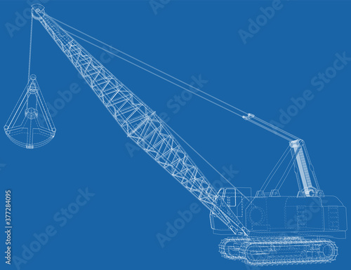 Mining machine. The machine of quarry mining works. The layers of visible and invisible lines are separated. Wire-frame outline.