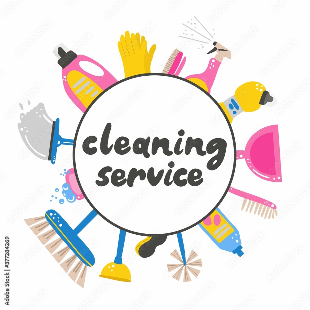 Cleaning service. Supplies in circle with text, mop and bucket with water, sponge for washing dishes and household chemicals, spray and soap. Hand drawn cartoon vector illustration with lettering Cleaning service. Supplies in circle with text, mop and bucket with water, sponge for washing dishes and household chemicals, spray and soap. Hand drawn cartoon vector illustration with lettering