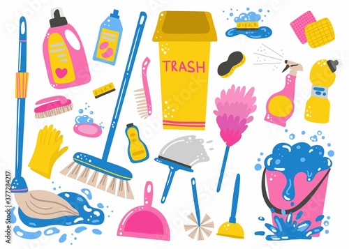 Cleaning supplies set. Mop and bucket with water, sponge for washing dishes and household chemicals for kitchen or toilet, spray and soap. Hand drawn cartoon bright colorful vector isolated items