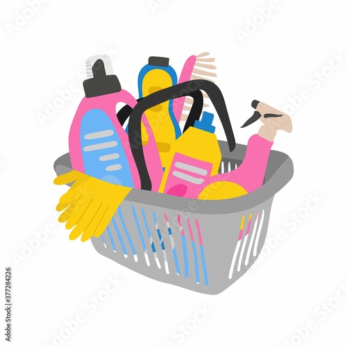 Shopping basket full of cleaning supplies,sponge for washing dishes and household chemicals for kitchen or toilet, spray and soap. Department store goods flat vector cartoon illustration