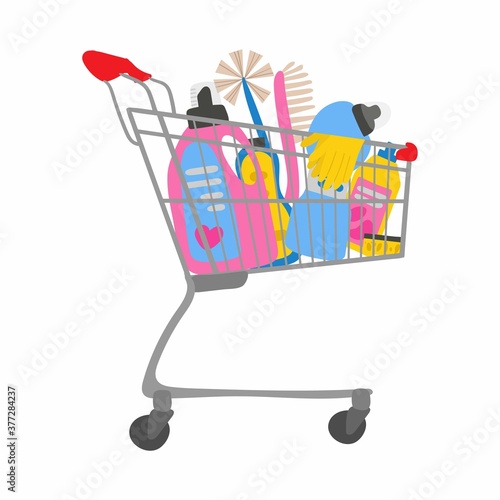 Shopping trolley full of cleaning supplies,sponge for washing dishes and household chemicals for kitchen or toilet, spray and soap. Department store goods flat vector cartoon illustration