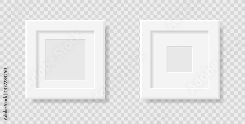 Realistic photo frame template. Set of white square photo frames on a plane with a shadow. Vector elements isolated on transparent background.