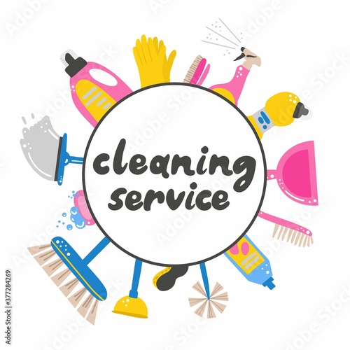 Cleaning service. Supplies in circle with text, mop and bucket with water, sponge for washing dishes and household chemicals, spray and soap. Hand drawn cartoon vector illustration with lettering