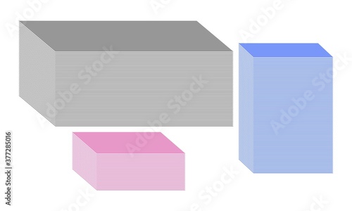 Three colored piles of paper sheets of different sizes and heights. Simple vector templates for gray, blue and pink print materials, business cards, flyers, stickers and more