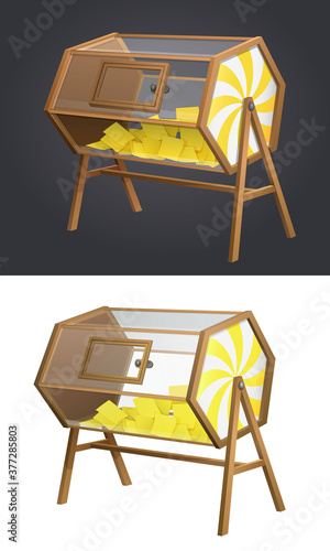 large clear see through vintage wooden turning raffle ticket drum with yellow paper tickets. 3d realistic isolated vector illustration with transparent glass 