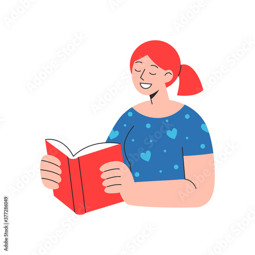 Young redhead woman reading book flat vector illustration. Trendy art for web banner, social media, sticker or print. Book lover, student or introvert concept.