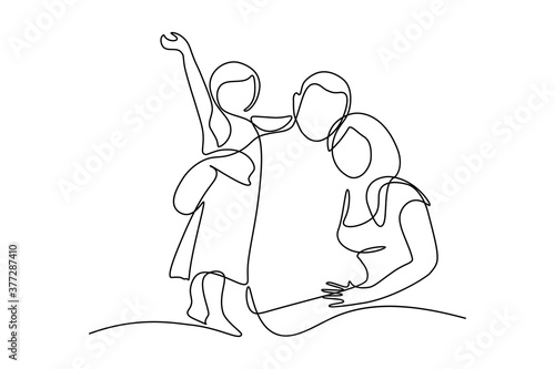 Happy family in continuous line art drawing style. United family portrait of parents and their little girl kid black linear sketch isolated on white background. Vector illustration