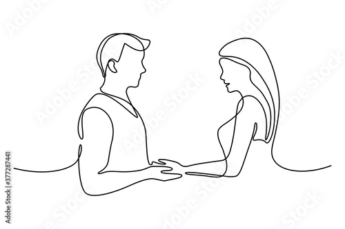Couple in love in continuous line art drawing style. Loving man and woman standing facing each other holding hands black linear sketch isolated on white background. Vector illustration