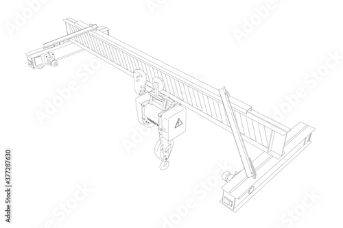 Contour of lifting stationary crane from black lines isolated on white background. 3D. Isometric view. Vector illustration