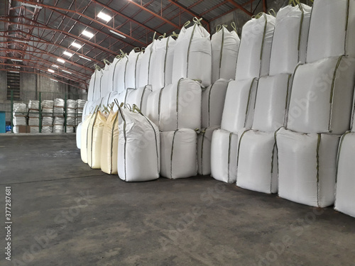 Stock pile Chemical fertilizer jumbo-bag in warehouse waiting for shipment.