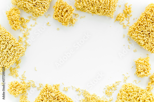 Instant noodle isolated on a white background top view copy space