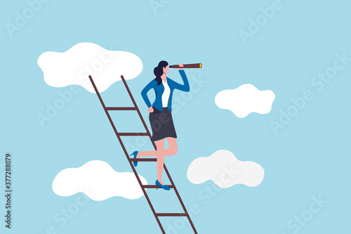 Woman leadership, new diversity world directed by lady leader concept, confidence executive businesswoman company or country leader standing on ladder of success using telescope for future vision.