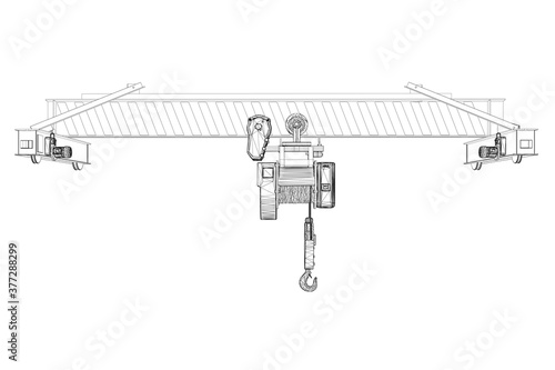 Wireframe of lifting stationary crane from black lines isolated on white background. 3D. Front view. Vector illustration