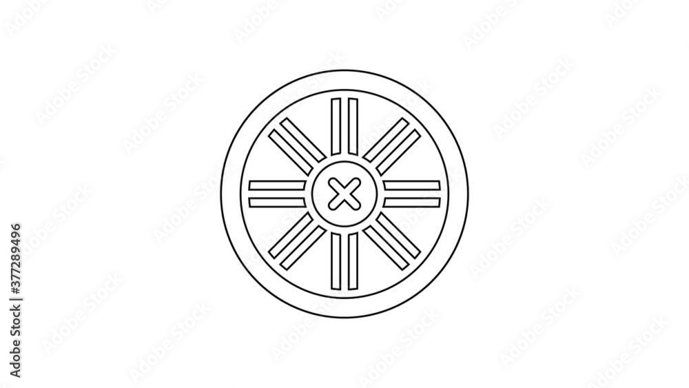Black line Old wooden wheel icon isolated on white background. 4K Video motion graphic animation. Black line Old wooden wheel icon isolated on white background. 4K Video motion graphic animation.