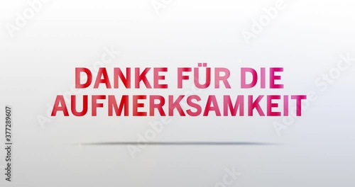 Danke für die Aufmerksamkeit. Partikel Logo. Text Animation. Rotes Wort auf grauem Hintergrund. Hochwertiges Intro