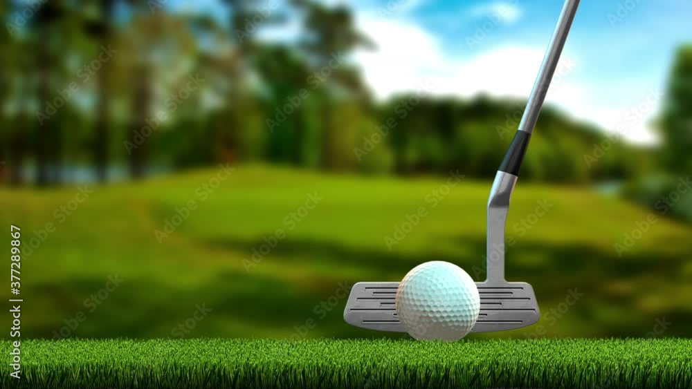 A putter golf club swinging back and forth towards a golf ball on a