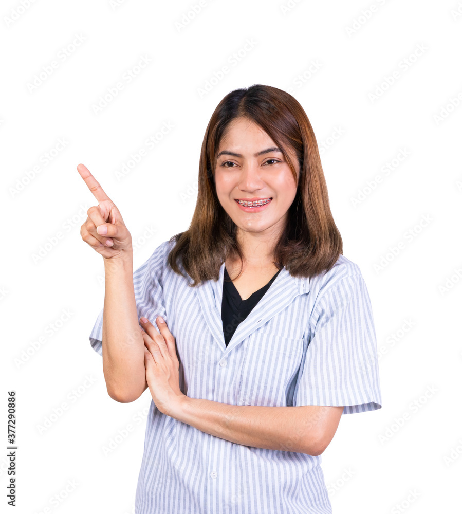 woman pointing finger up portrait on white background woman pointing finger up portrait on white background