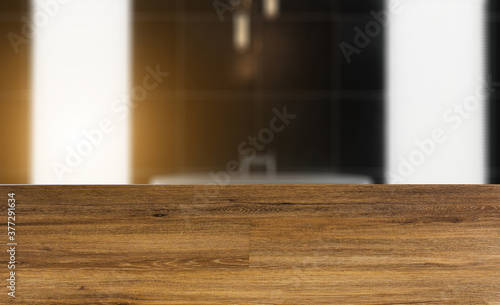 bathroom. large wooden countertop with washbasins. modern dark design.. 3D rendering.. Sunset.. Abstract blur phototography. wooden table on blurred background.