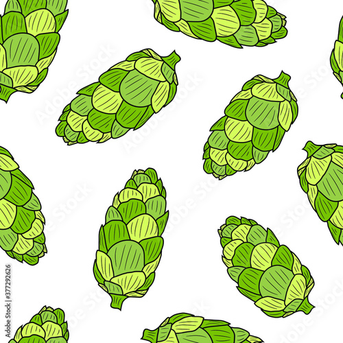 Green hop cones on a white background. Vector seamless pattern. Design for wrapping, print, card.