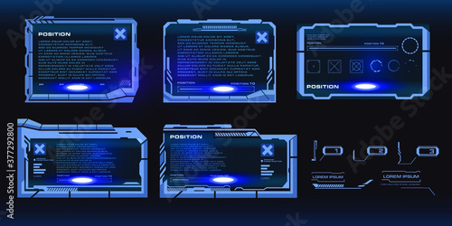 Fototapeta Naklejka Na Ścianę i Meble -  Set of futuristic techno frames for user interface HUD, games or website. Titles, callouts, info boxes, frames, text or description boxes. Modern dashboards for video games. HUD, GUI, UI elements