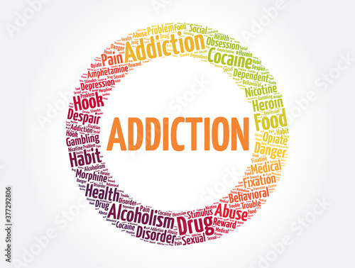 Addiction circle word cloud collage, health concept background