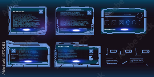 Set of futuristic techno frames for user interface HUD, games or website. Titles, callouts, info boxes, frames, text or description boxes. Modern dashboards for video games. HUD, GUI, UI elements