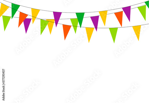 Colorful party pennants chain, garland with flags, Holiday background with hanging colorful flags, Vector illustration isolated on blue background