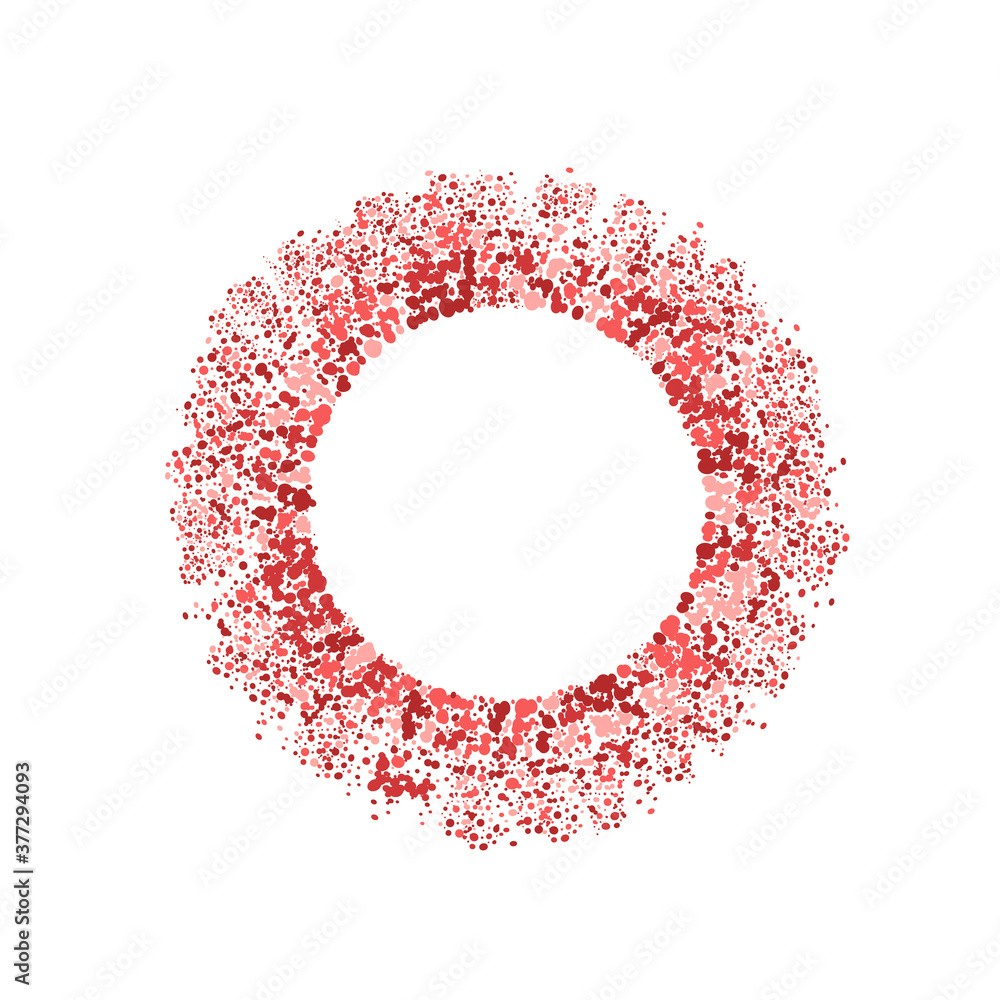Round dots frame with empty space for your text. Frame made of red spots and dots of various size. Circle shape.
